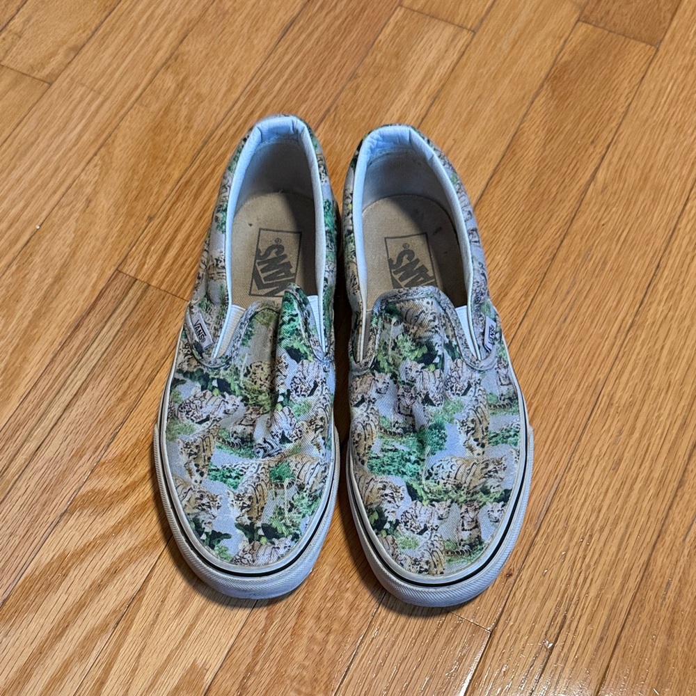 Vans Women’s Slip-On Sneakers - Gray with Tiger Leopard Jungle Cat Design